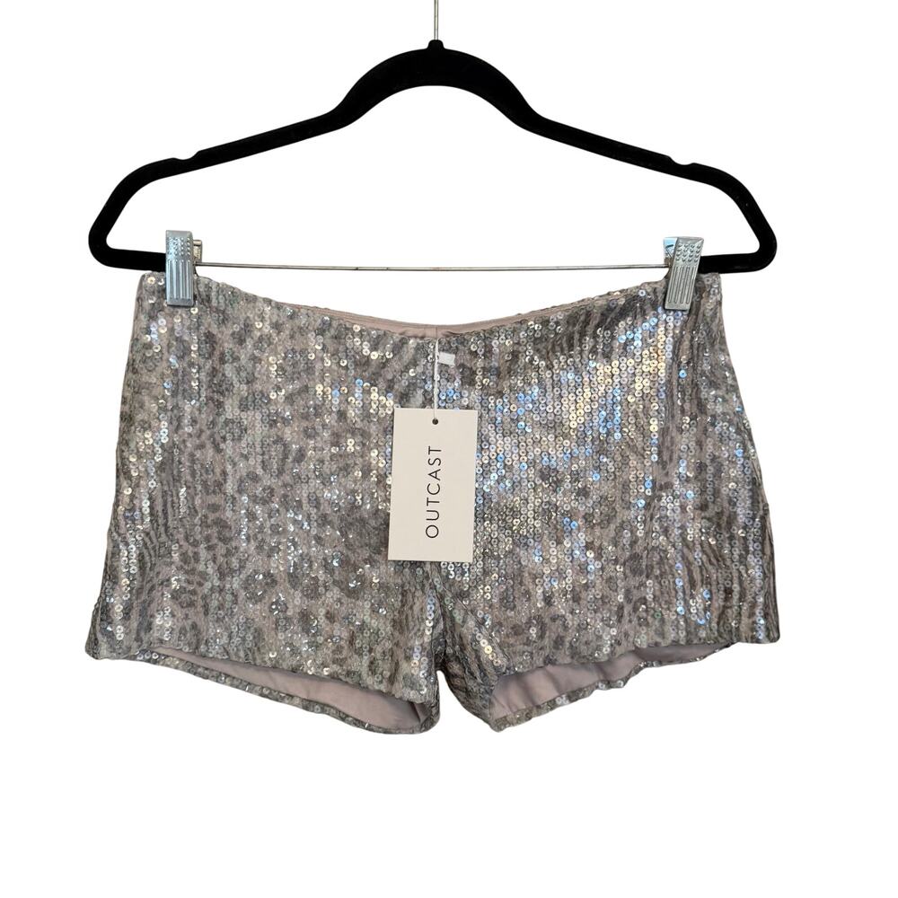 Outcast Miar Tamara Sequin Shorts L Gray Silver Leopard Party Clubwear Y2K NWT